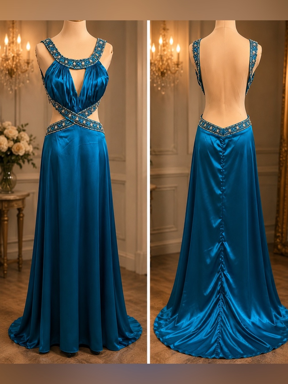 Y2K Satin Beaded CutOut Backless Maxi Pageant Prom Evening Vintage Dress Medium